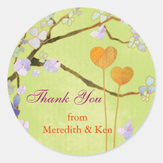 Sticker Rond Merci Mariage vert de printemps de deux coeurs