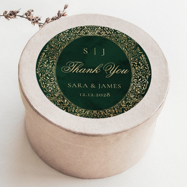 Sticker Rond Merci Mariage victorien orné d'or vert (Créateur téléchargé)