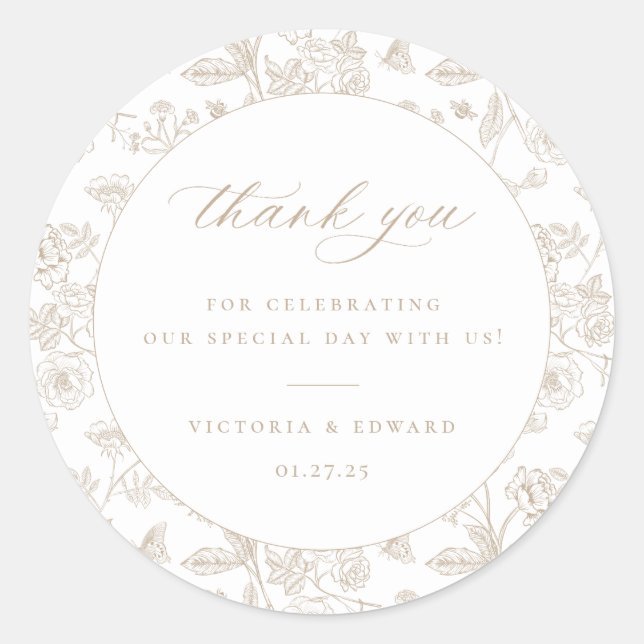 Sticker Rond Merci Mariage vintage beige (Devant)
