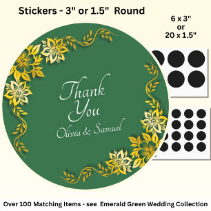 Sticker Rond Merci Mariée, Noms des Mariés Émeraude Vert & Or