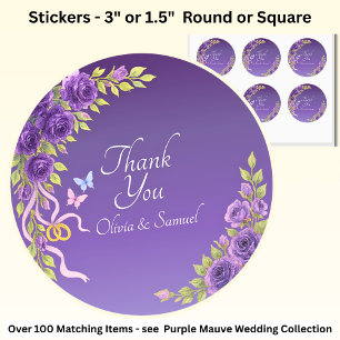 Sticker Rond Merci Mariée, Noms des Mariés Fleurs Mauve Violet 