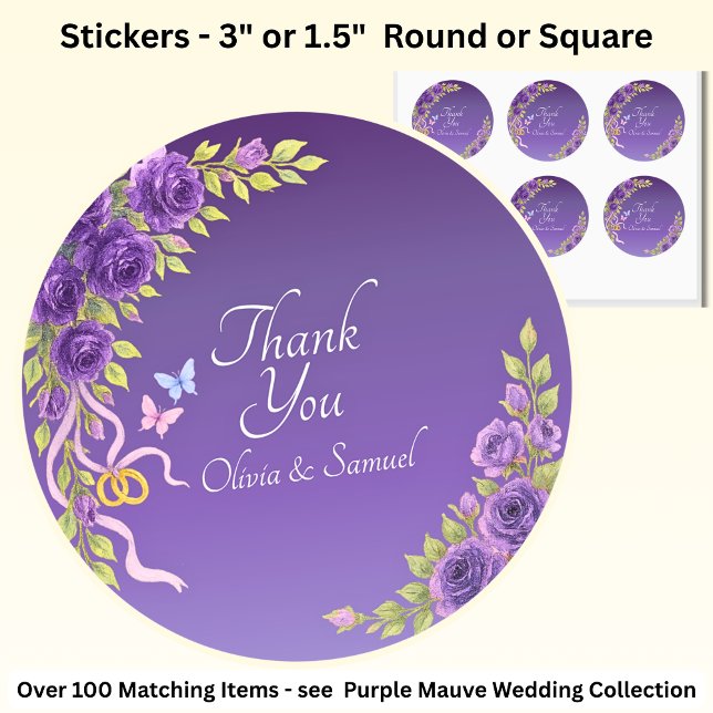 Sticker Rond Merci Mariée, Noms du Marié Fleurs Mauve Violet  (Créateur téléchargé)