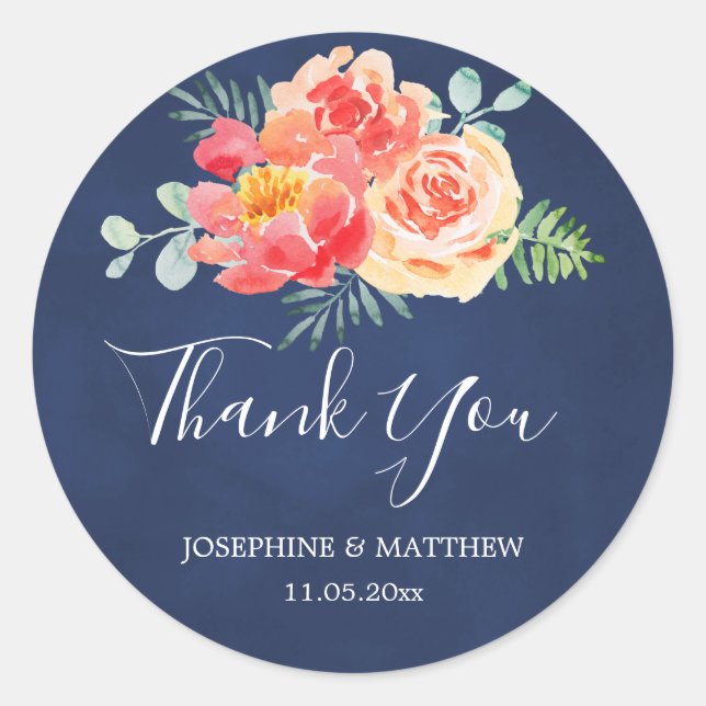 Sticker Rond Merci Marine Coral bleu Mariage floral (Devant)