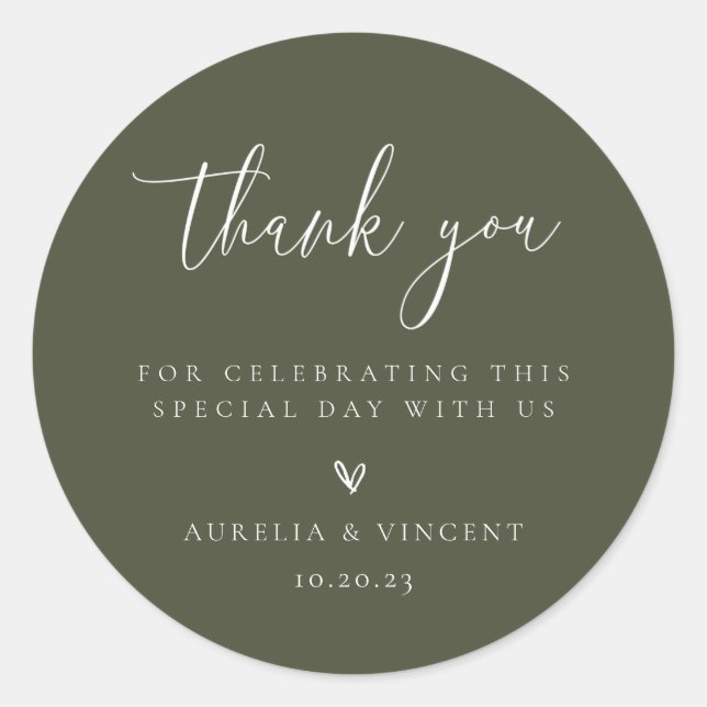 Sticker Rond Merci minimaliste de Mariage vert olive (Devant)