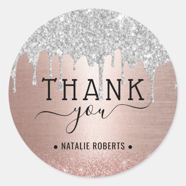 Sticker Rond Merci moderne Parties scintillant argent Rose or (Devant)