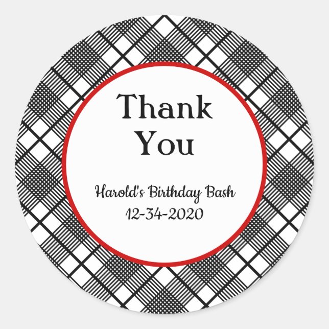 Sticker Rond Merci modifiable du Motif plaqué noir et blanc (Devant)