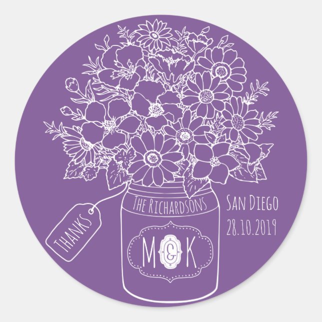 Sticker Rond Merci Monogramme Fleurs sauvages Bouquet Mason Jar (Devant)
