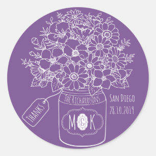 Sticker Rond Merci Monogramme Fleurs sauvages Bouquet Mason Jar