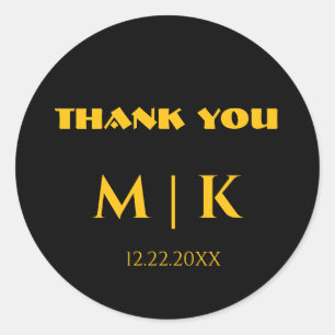 Sticker Rond Merci Monogrammes Mariage or jaune noir