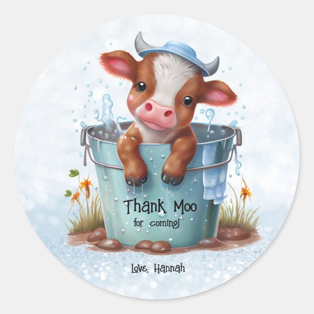 Sticker Rond Merci Moo À La Vache Mignonne D'Être Venue Personn (Devant)