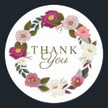 Sticker Rond Merci Moody Floral Aquarelle<br><div class="desc">Notre autocollant floral à l'aquarelle, élégant et moody, présente nos fleurs d'aquarelle dessinées à la main dans une belle palette de couleurs rustiques et moody. Roses blanches, majestueuses et profondes aux accents de vert d'olive, violets profonds et vert émeraude vive pour créer ce magnifique design de couronne florale. Nos flores...</div>