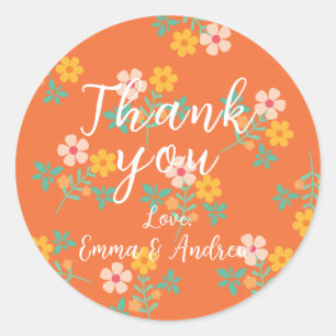 Sticker Rond Merci Motif de bouquet de bouquet Orange Retro