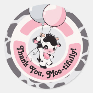 Sticker Rond Merci Motif de vache rose noire