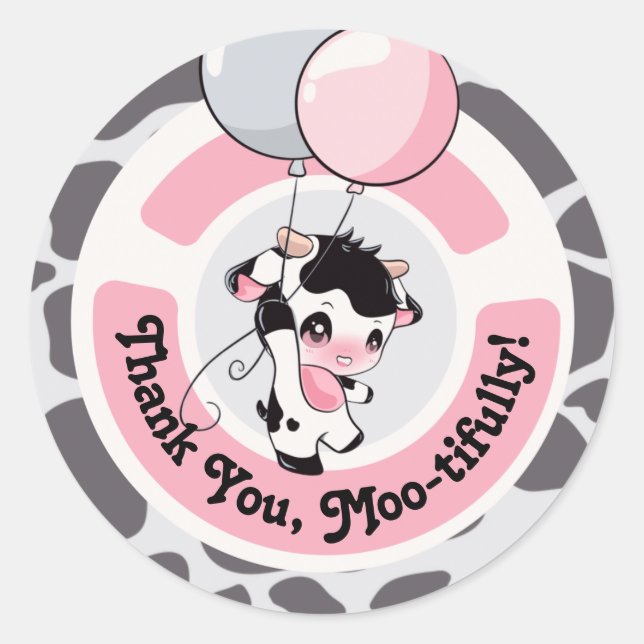 Sticker Rond Merci Motif de vache rose noire (Devant)