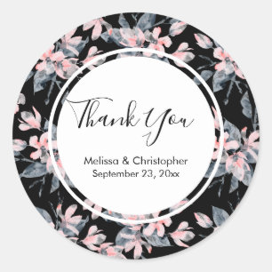 Sticker Rond Merci Motif rose et gris en aquarelle