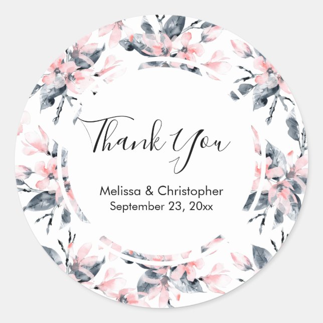 Sticker Rond Merci Motif rose et gris en aquarelle (Devant)
