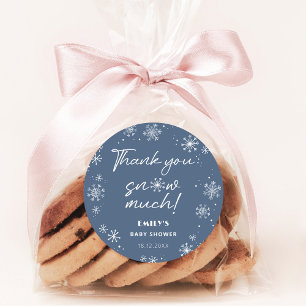 Sticker Rond Merci neige baby shower bleu