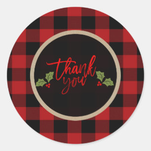 Sticker Rond Merci Noël Vacances Rouge Plaid Buffalo