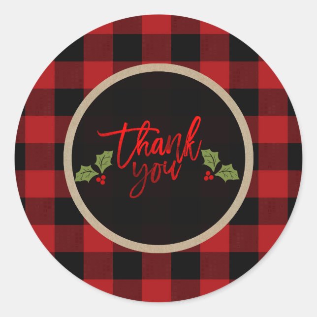 Sticker Rond Merci Noël Vacances Rouge Plaid Buffalo (Devant)
