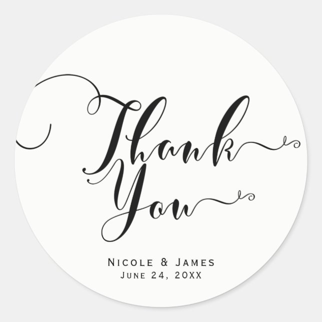 Sticker Rond Merci noir blanc Script personnalisé mariage Favor (Devant)