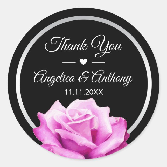 Sticker Rond Merci noir rose rose rose Mariage phoques (Devant)