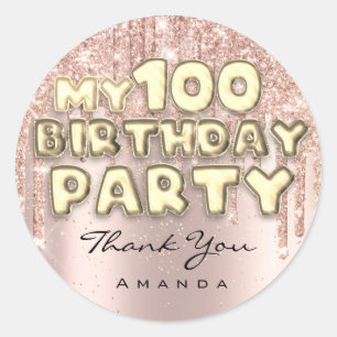 Sticker Rond Merci Nom 100 Anniversaire Fête Paillettes Gouttes