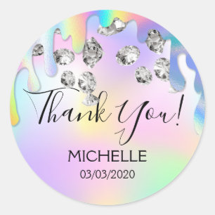 Sticker Rond Merci Nom 16 anniversaire girly licorn holographe