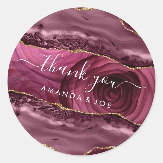 Sticker Rond Merci Nom 16e Marbre Rose Marsala nuptiale (Devant)