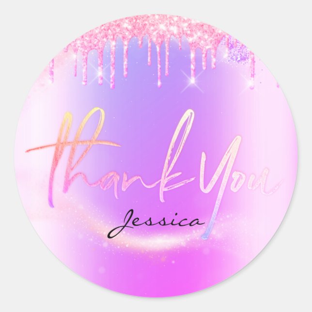 Sticker Rond Merci Nom 16e Parties scintillant rose rose violet (Devant)