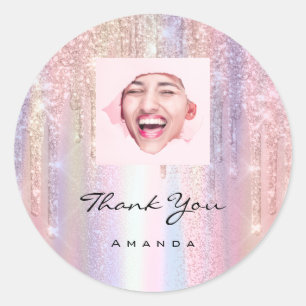 Sticker Rond Merci Nom 16e Rose nuptiale Photo personnalisée