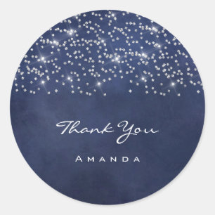 Sticker Rond Merci Nom 16ème Mariage Bleu Nuit Étincelle