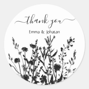 Sticker Rond Merci Nom 16ème Mariage Prairie Noir Blanc 