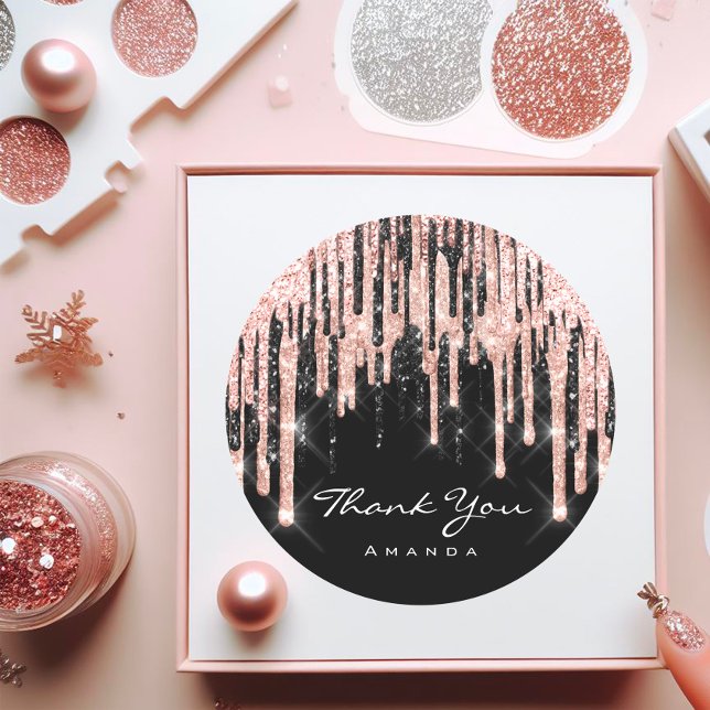 Sticker Rond Merci Nom 16ème Rose Pailletée pour la Fête de Mar (Thank You Name 16th Bridal Shower Rose Glitter Classic Round Sticker)