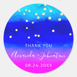 Sticker Rond Merci Nom Date Blue Oceanic Pink Confetti