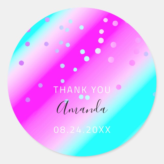 Sticker Rond Merci Nom Date Blue Rose Oceanic Confetti (Devant)