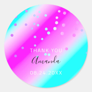 Sticker Rond Merci Nom Date Blue Rose Oceanic Confetti