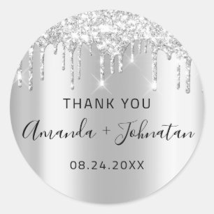 Sticker Rond Merci Nom Date Noir Argent Gris Gouttes