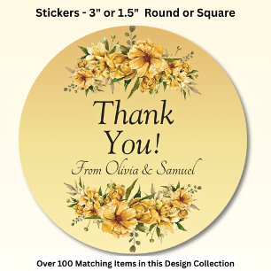 Sticker Rond Merci ! Nom de la mariée et du marié Fleur jaune d