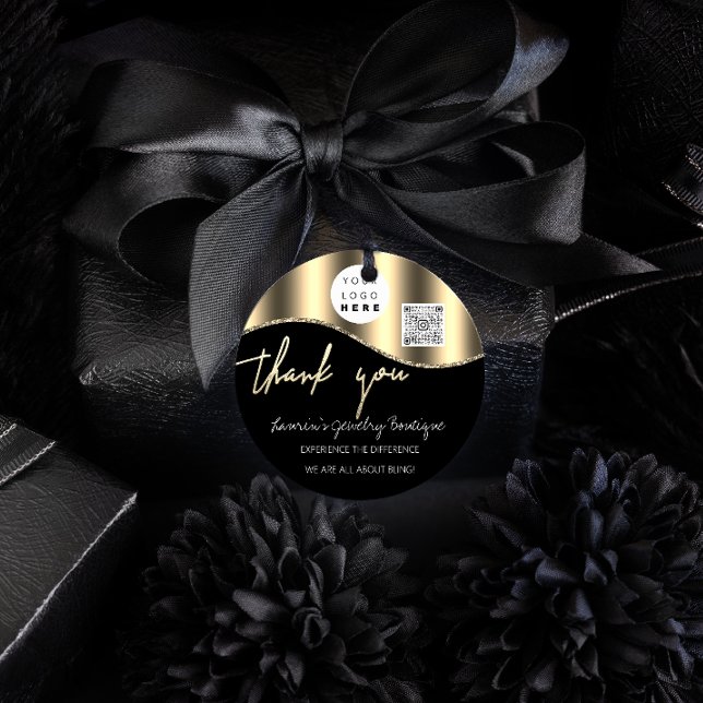 Sticker Rond Merci Nom de l'entreprise Logo Qr Code Golden Blac (Créateur téléchargé)
