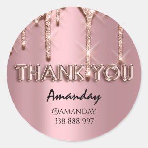 Sticker Rond merci Nom Drips Rose Instagra Paillettes Roses