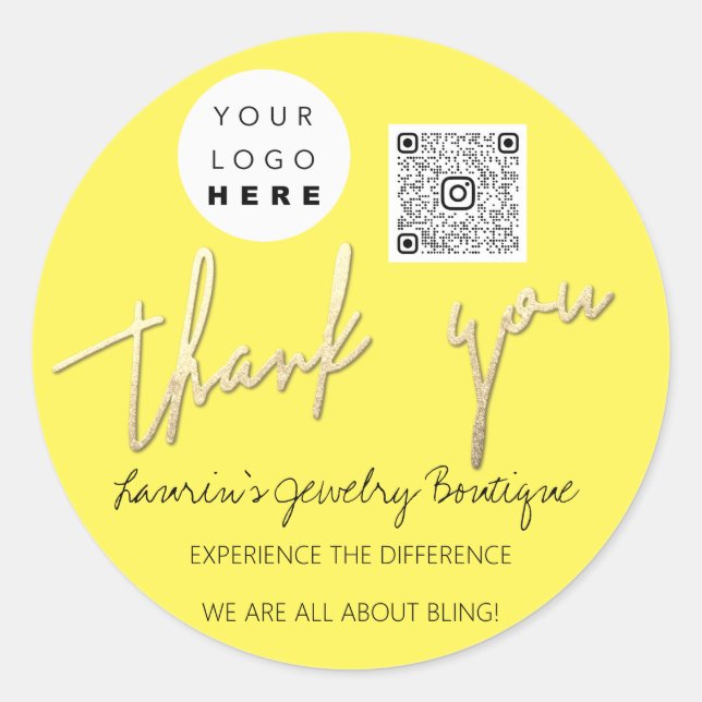 Sticker Rond Merci Nom du script Logo Qr Code en ligne Jaune (Devant)