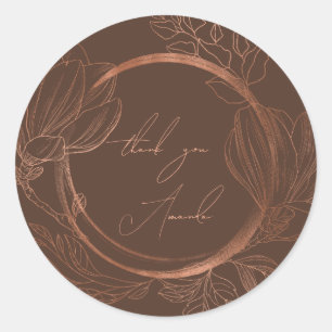 Sticker Rond Merci Nom Floral Cuivre MarronMariage Nuptial  