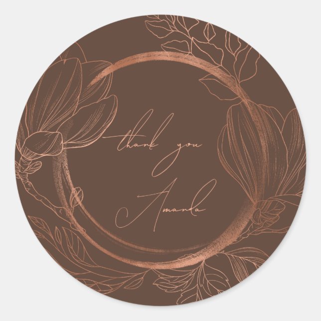 Sticker Rond Merci Nom Floral Cuivre MarronMariage Nuptial   (Devant)