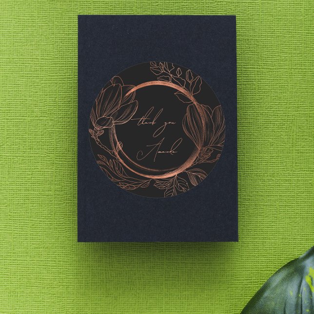 Sticker Rond Merci Nom Floral Cuivre noir Mariage nuptial (Thank You Name Floral Copper Black Wedding Bridal Classic Round Sticker)