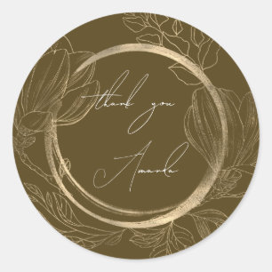 Sticker Rond Merci Nom Floral Marron Or Mariage Nuptial