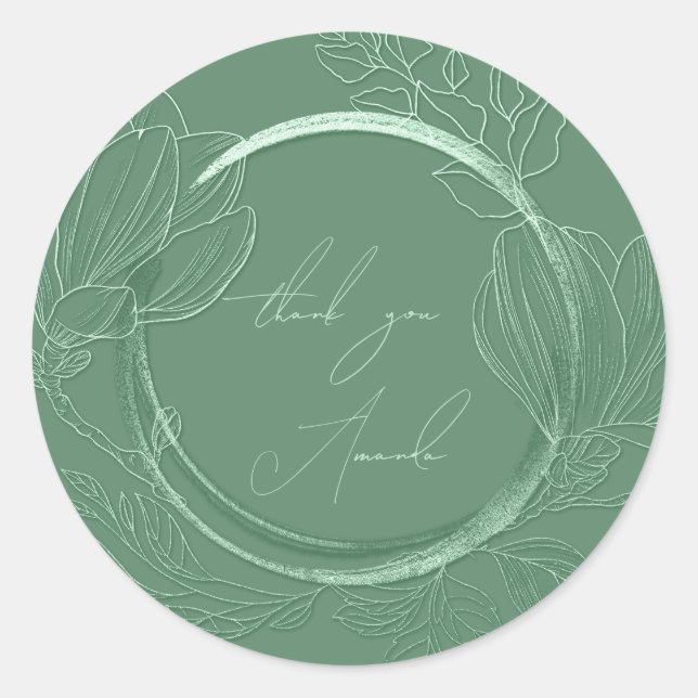 Sticker Rond Merci Nom Floral Menthe Verte Mariage  (Devant)