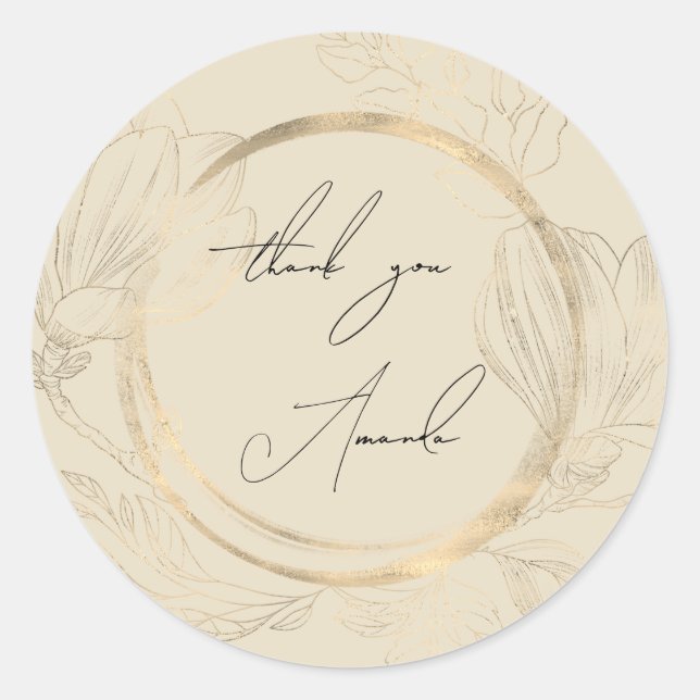 Sticker Rond Merci Nom Floral Mustard Gold Mariage Bridal (Devant)