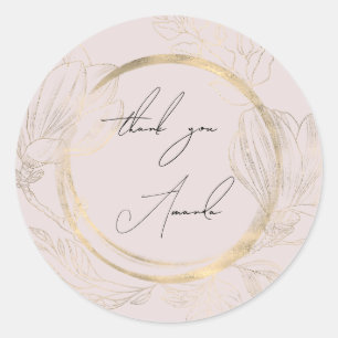 Sticker Rond Merci Nom Floral Powder Gold Mariage Bridal