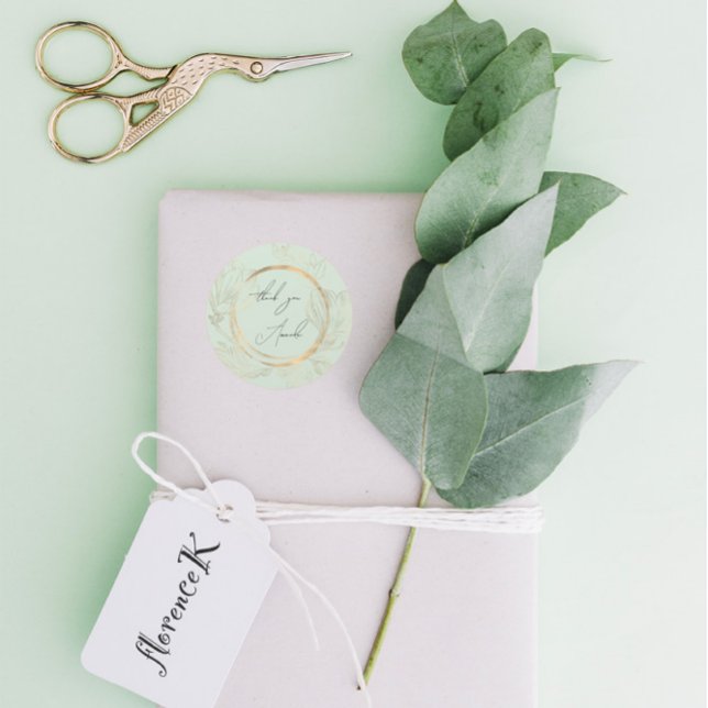 Sticker Rond Merci Nom Floral Vert Or Mariage Nuptial (ThankYou Name Floral Green Gold Wedding Bridal Classic Round Sticker)