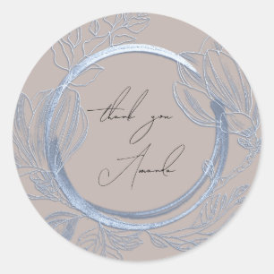 Sticker Rond Merci Nom Magnolia Floral Bleu Gris Fumé